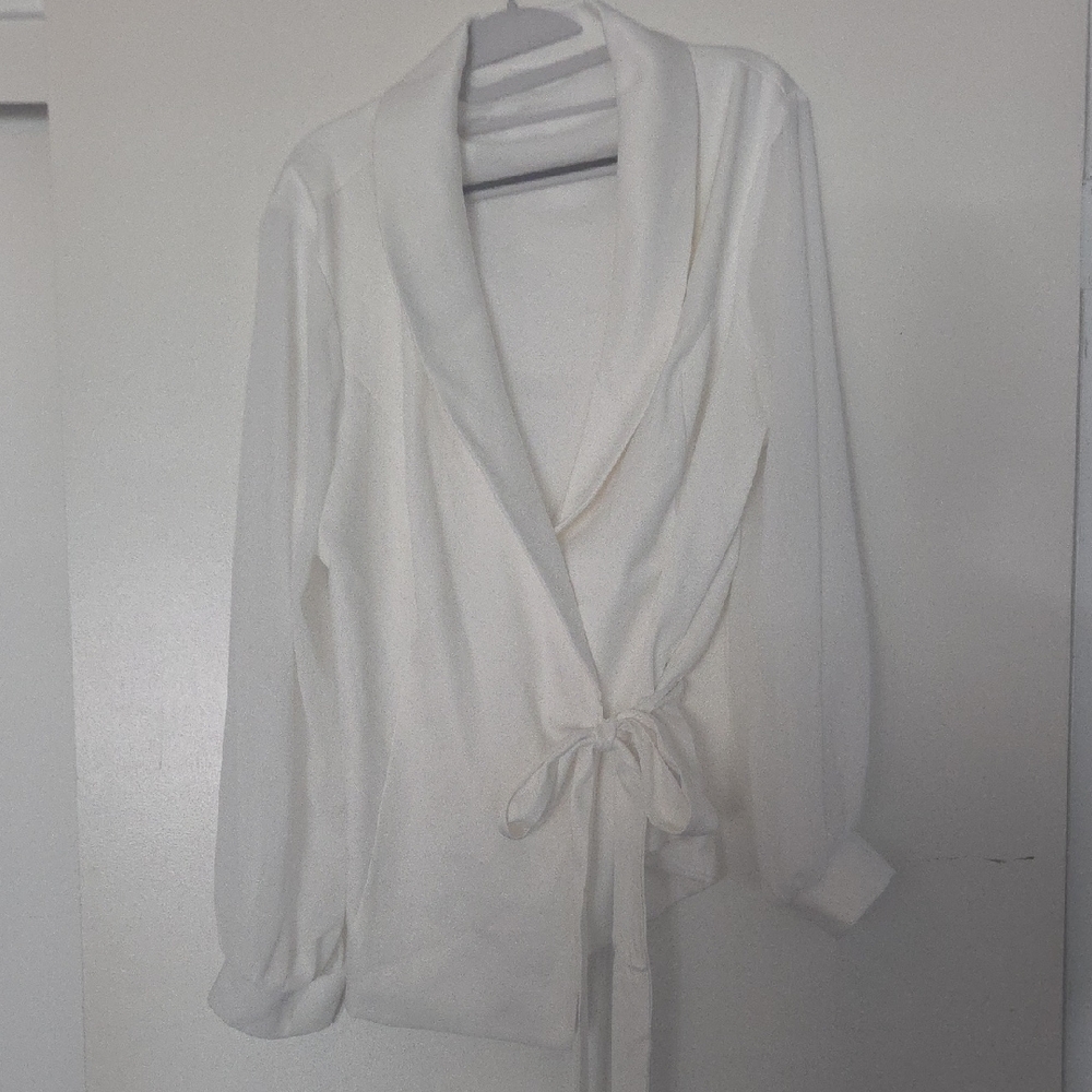 Cream Shawl-Collar Wrap Blazer with Tie Front
